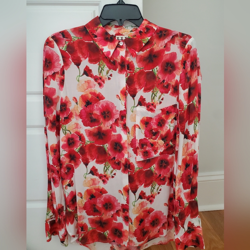 Haute Hippie red floral silk button down blouse size M